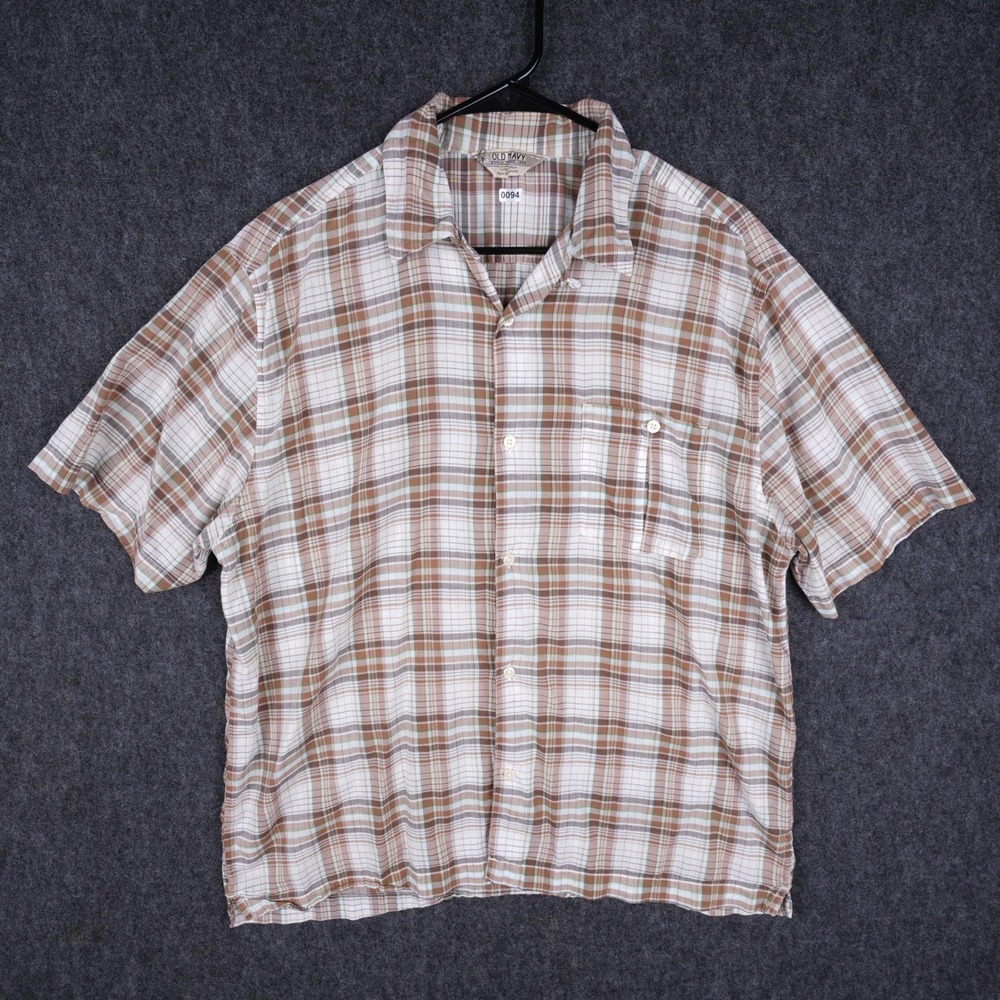 Vintage Old Navy Plaid Shirt Mens L Brown Green Cotton Excellent Short Sleeve